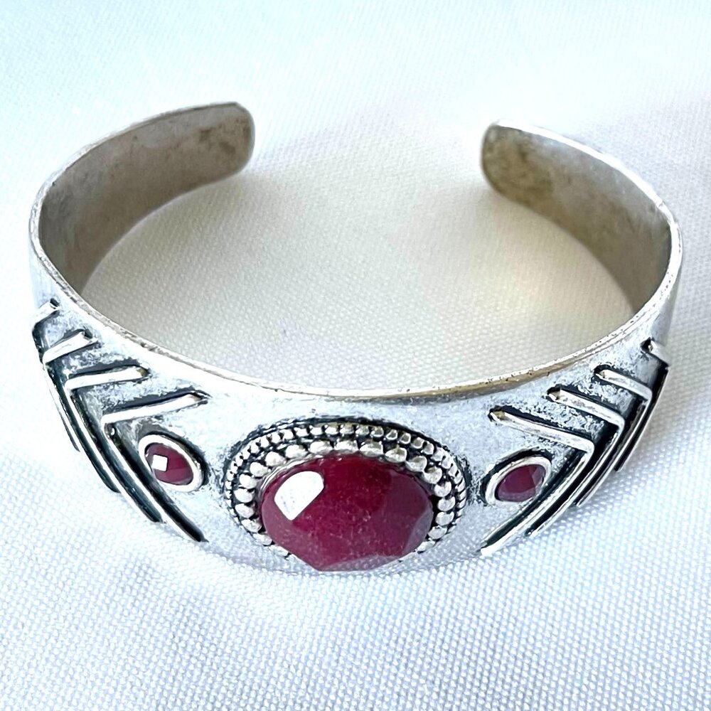 Lucky Brand Silver-Tone Red Stone Cuff Bracelet